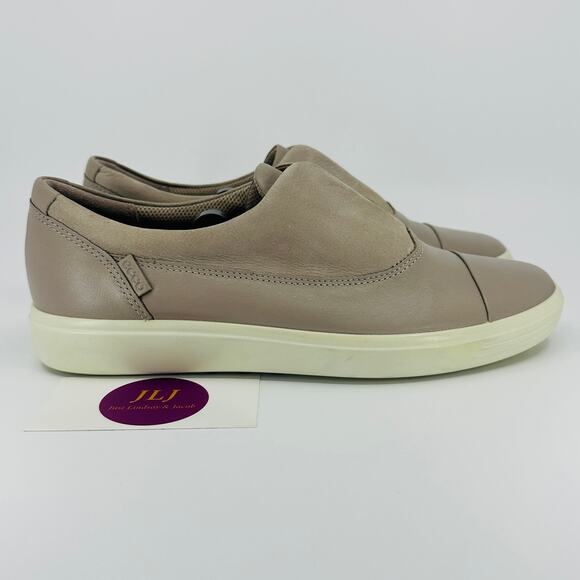 ECCO Women's Soft 7 Grey Beige Leather Slip On Sneakers Size 7 US/ 38 EU - Picture 1 of 11